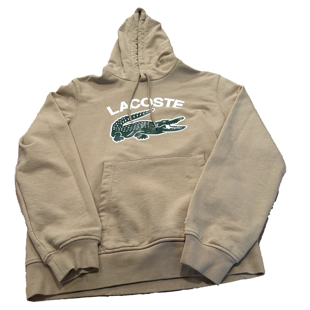 NEW Lacoste Big Croc Logo Pullover Hoodie Tan Green White Size S
